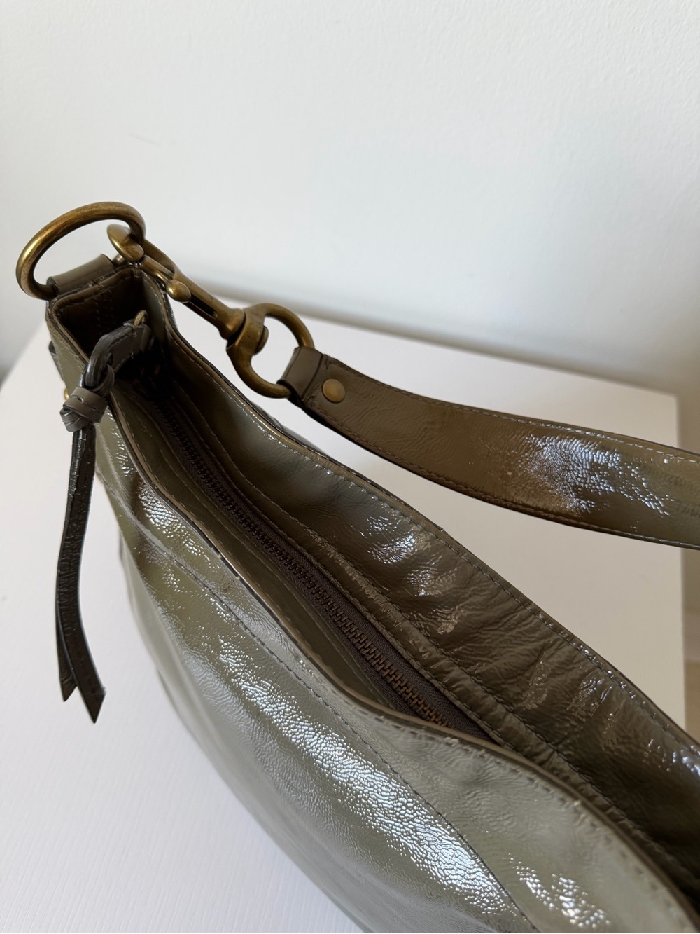 Coach Zoe Patent Leather Hobo Shoulder Bag Olive- Grey 12735 - Picture 10 of 12